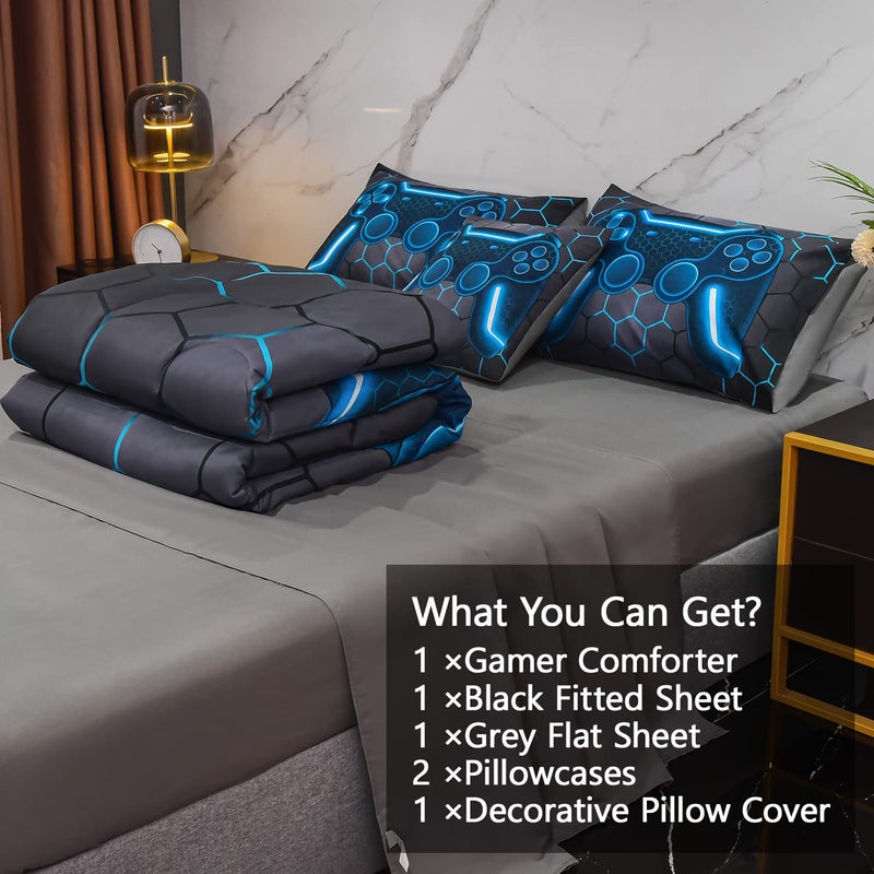 Keyroal 6Pcs Game Console Comforter Set with Sheets for Boys Girls Kids Teens, Geometric Gaming Themed Bed in A Bag Full Size, Blue 3D Video Gamer Controller Bedroom Decor Bedding Set - Image 4